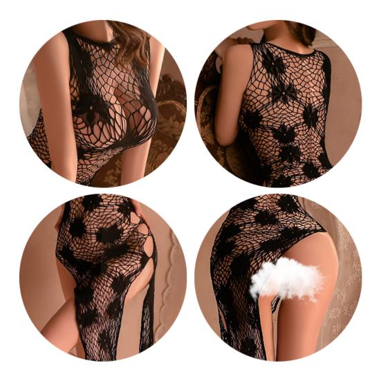 Cămașă de noapte pentru sex pentru femei, scobită, plasă transparentă, fără mâneci, plasture florale, elasticitate ridicată, subțire