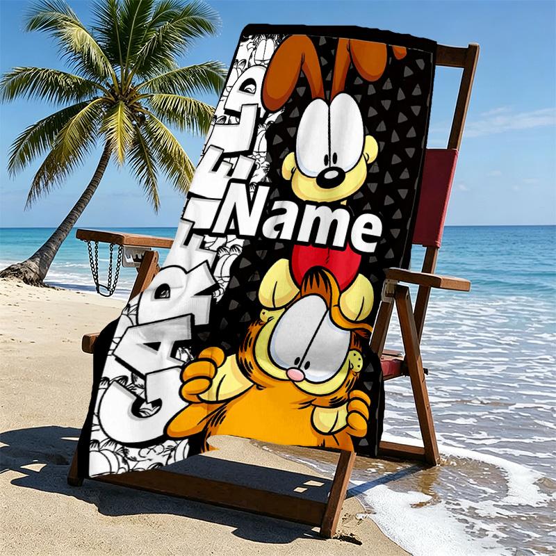 Custom Name Personalized Garfield Print Beach Towel, for Trip Camping Beach Party Home Decor, Birthday Gift for Family & Friends