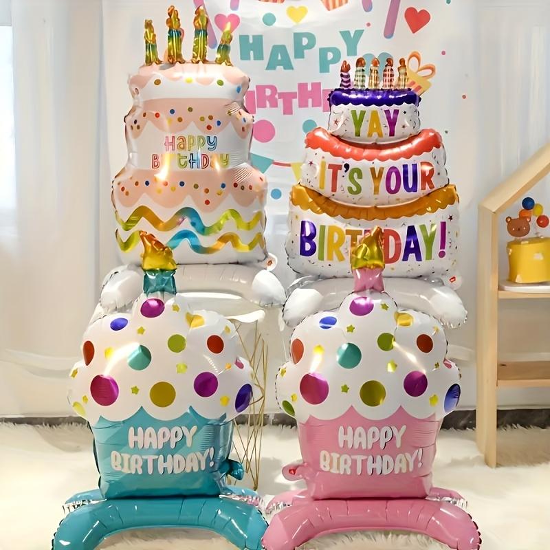 Birthday Cake Balloon with Base Standing Foil Balloon Cute Cake Balloon Kids Boy Girl Birthday Party Decor Supplies Baby Shower