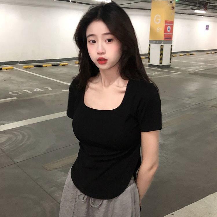 Women Short Sleeve Square Neck T-Shirt Spring and Autumn New Irregular Hem Slim Casual Top Girl Bottom Shirts