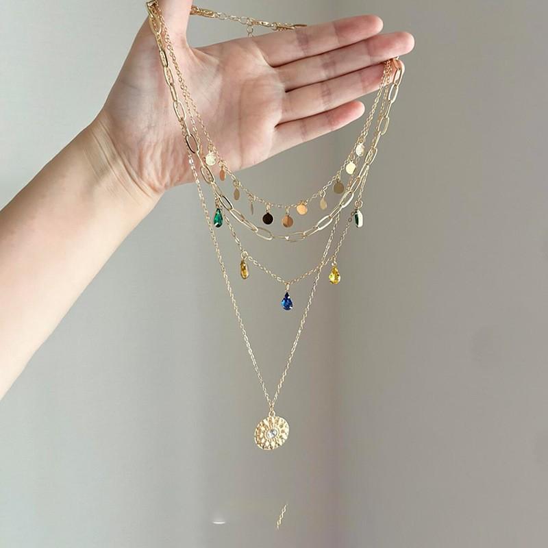 Medieval Vintage Gold Sunflower Tassel Necklace Female Bohemian Multi-layer Stacked Water Drop Clavicle Chain