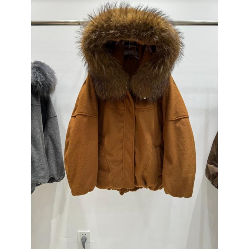 Womens Mid-Length Down Coat With Detachable Raccoon Fur Hooded Collar Loose Warm Winter Jacket