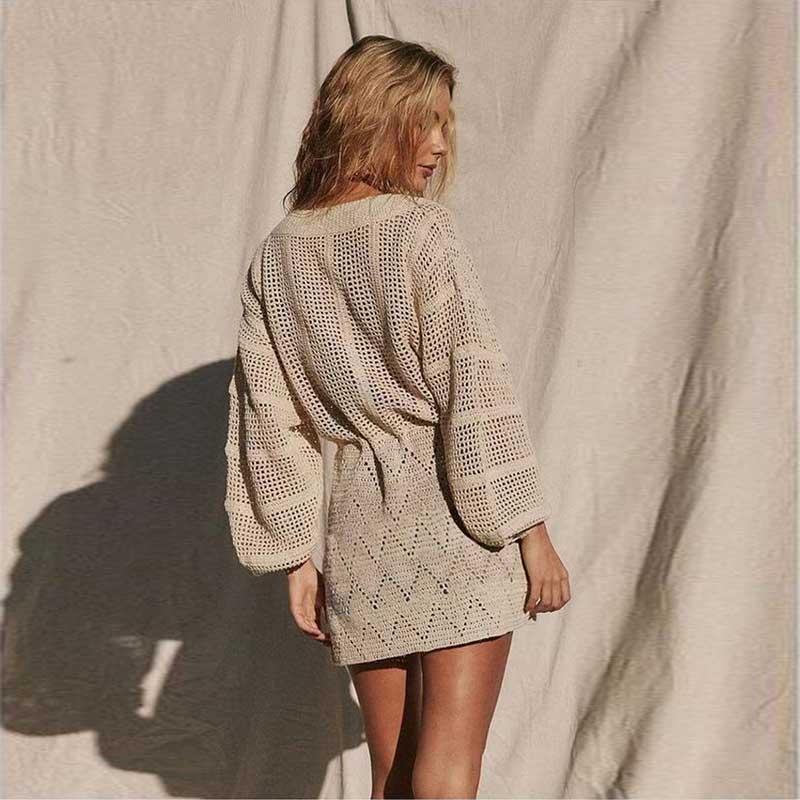 EDOLYNSA Sexy Deep V-neck Lace-up Bell Sleeve Knit Mesh Hollow Out Beach Mini Dress 2024 Summer Swimsuit Cover Up Women Casual Tunic K14