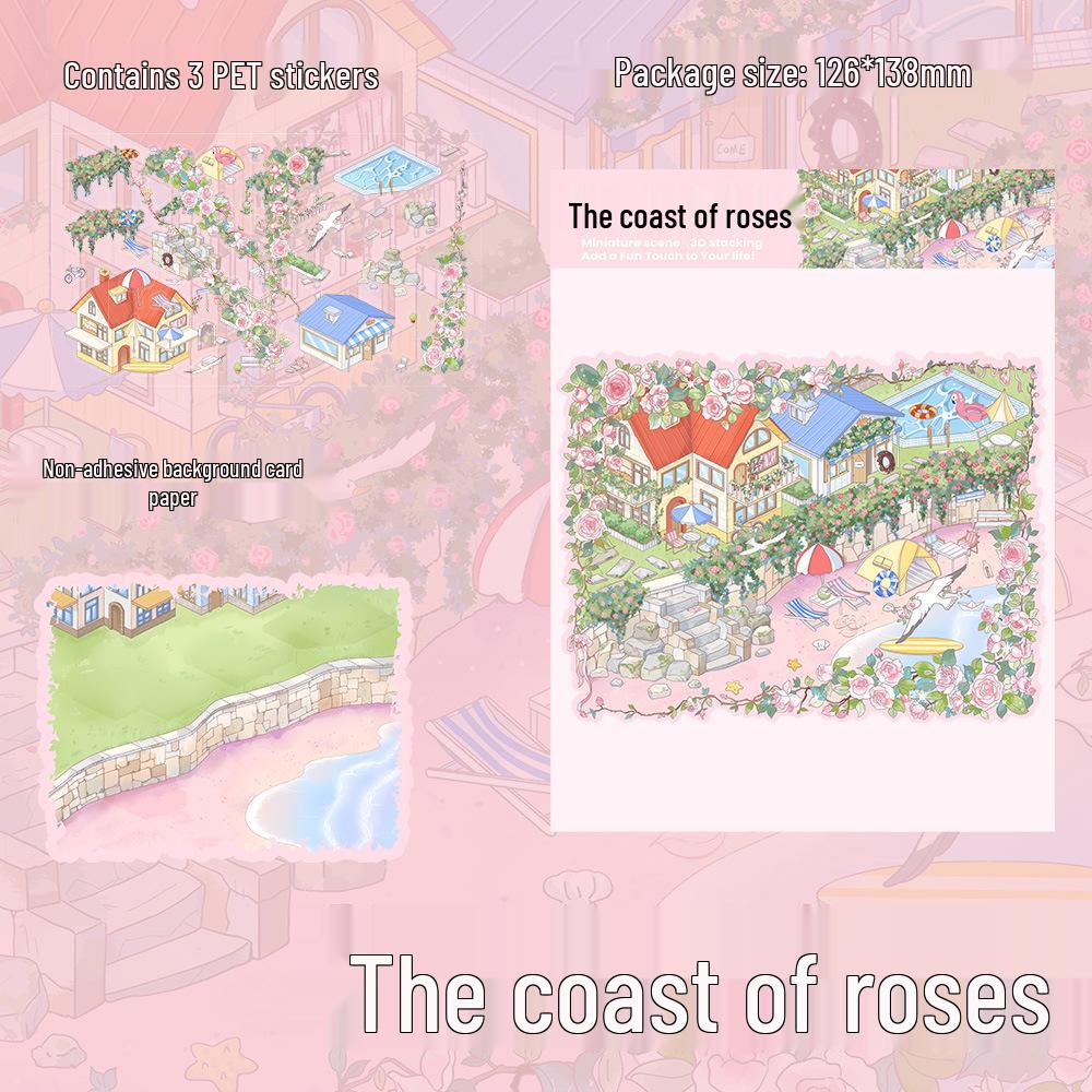 PET Rose Coast Scenery Stickers - 3 Sheets for DIY Miniature Worlds & Journals