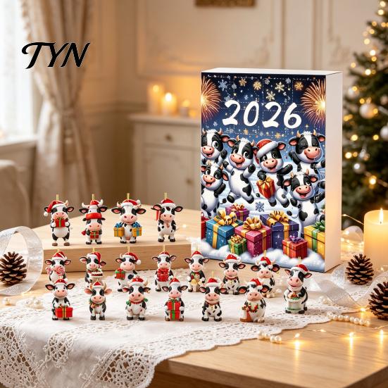 2026 Holiday Atmosphere Gift Set Christmas Cow Ornament Advent Calendar 2026, 24 Days 2D Acrylic Hanging Pendant Flat for Car Rearview Mirror
