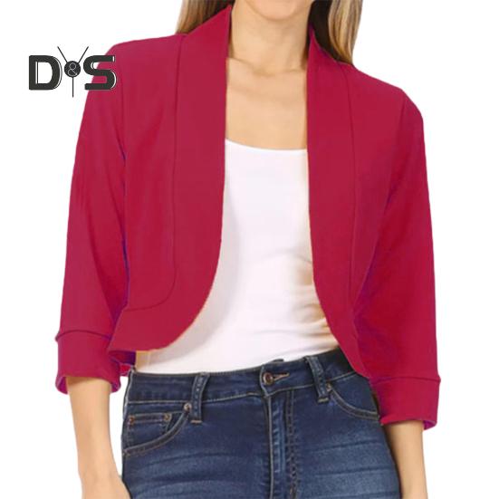 Women Blazer Short Coat Cardigan Open Stitch Solid Color Loose Spring Fall Jacket Three Quarter Sleeve Soft OL Commute Style Lady Jacket