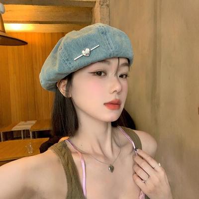 Beret Women's Love Washed Denim Octagonal Hat Thin Breathable Octagonal Painter Hat Big Head Circumference Showing Face Small Hat