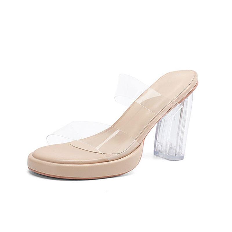 2025 summer new waterproof table transparent high heels women's thick heel nude versatile sandals with sandals