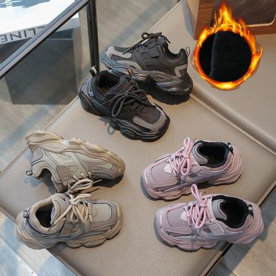Modne casualowe dziecięce buty na deskę z polaru Dziewczęce ciepłe bawełniane buty Chłopięce sneakersy na rzepy