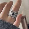 925 Sterling Silver Rings For Women Geometric Fine Jewelry Adjustable Simple Wide Black Stone Retro Ring For Party Birthday Gift