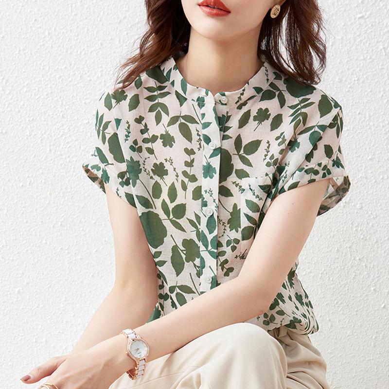 Bluse Top da Donna Estivo Stile Camicie Top da Donna Casual Manica Corta Collo Alto Stampa Floreale Blusas Top