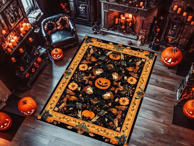 Halloween Carpet Abstract Pumpkin Skull Carpet Kitchen Anti Slip Spider Web Printed Carpet Living Room Home Decoration