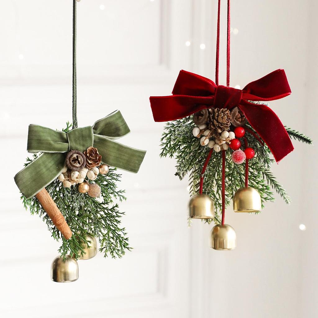 Velvet Bow Bell Ornament with Pine Cone for Christmas Tree Decoration