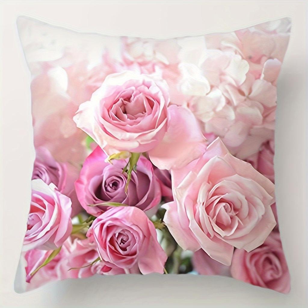 Pink Flower Print Pillowcase ,Sofa Bedroom Cushion Cover, Single-sided Printing, Without Pillow Core