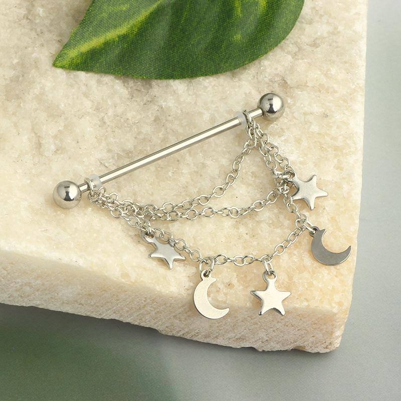 Fashion Stainless Steel Industrial Piercing Long Rod Chain Star Tragus Earrings Jewelry for Women Men