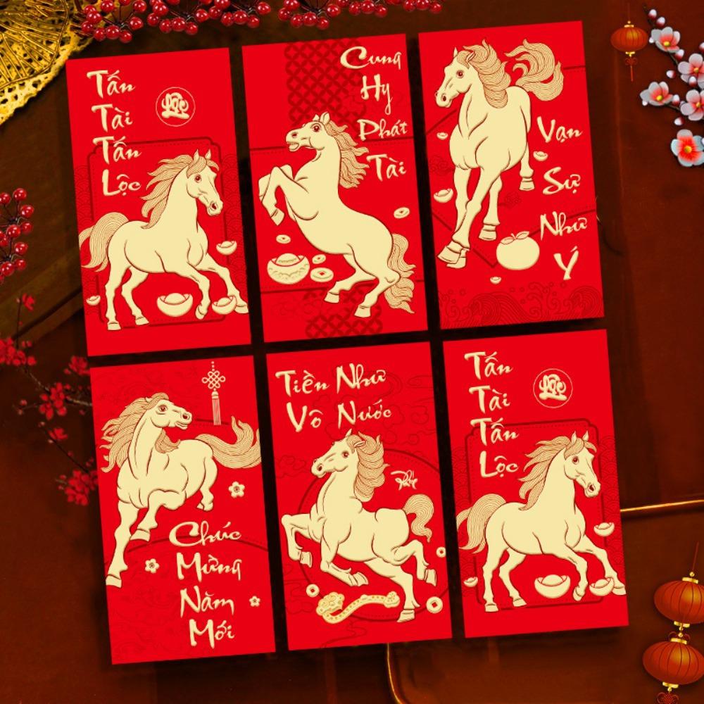 6pcs 2026 Horse Year Vietnamese Red Envelopes Traditional Chinese Style Lucky Money Envelopes Blessing Cartoon Red Packets