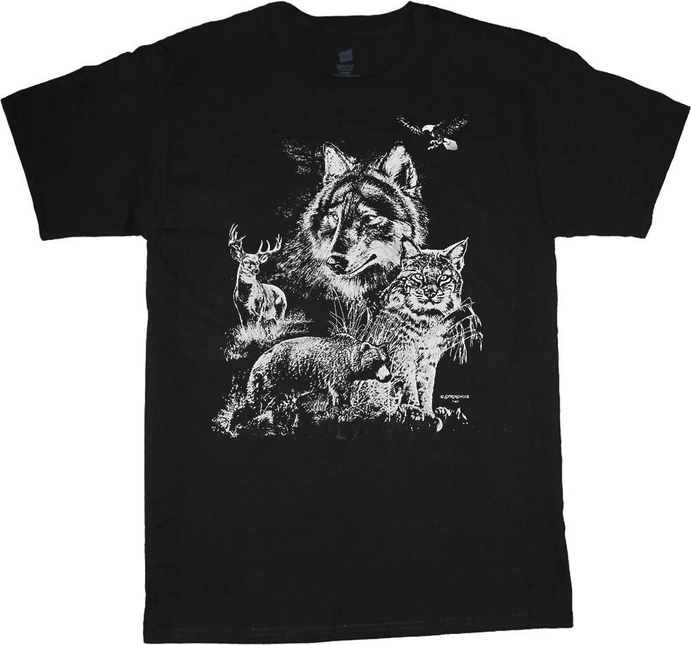 Mountain Wildlife Scene Bear Eagle Deer Bobcat T-shirt Mens Graphic Tees Gifts L