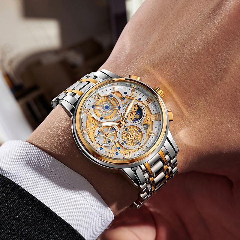 Ceas de mână elegant cu schelet pentru bărbați, cu mecanism quartz: Luminos, Rezistent la apă, Brățară din oțel