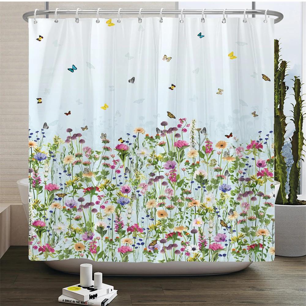 

Elegant Flowers Shower Curtain 180x180cm Floral Shower Curtain Polyester Bath Curtain Bathroom Decor Machine Washable With Hooks W90xH180cm