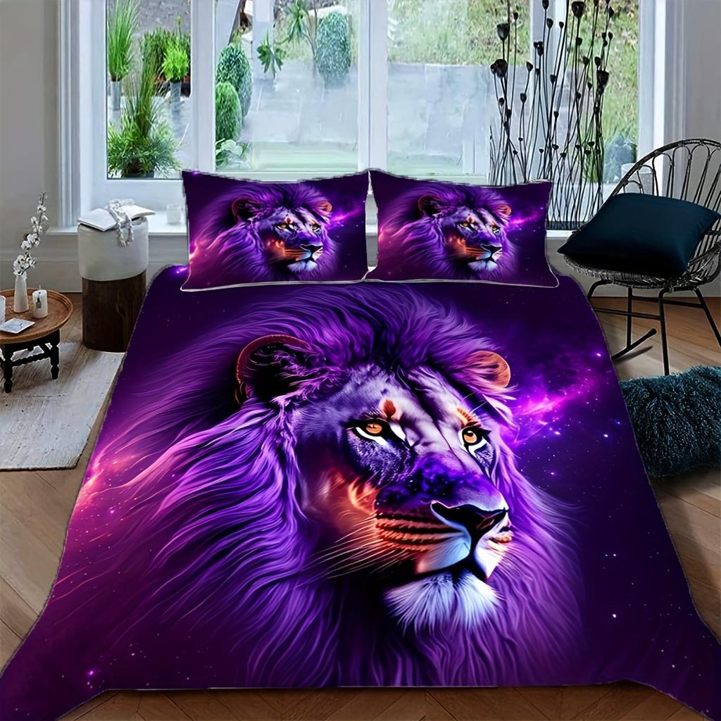 

Cartoon Lion Lucky Purple Animal Bedding Quilt Cover Set 1 Quilt Cover+2 Pillowcase Soft Comfortable Breathable Easy To Clean 90X200cm 2PCS