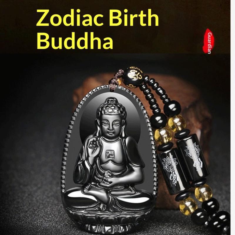 Black Obsidian Buddha Pendant Carved Design Beaded Chain Daily Wear Lucky Gift For Men Women