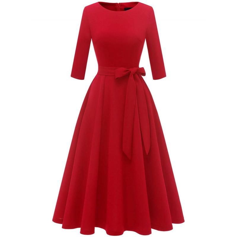 Abito da sera casual da donna in stile europeo e americano, girocollo, manica a 3/4, tinta unita, con ampio orlo