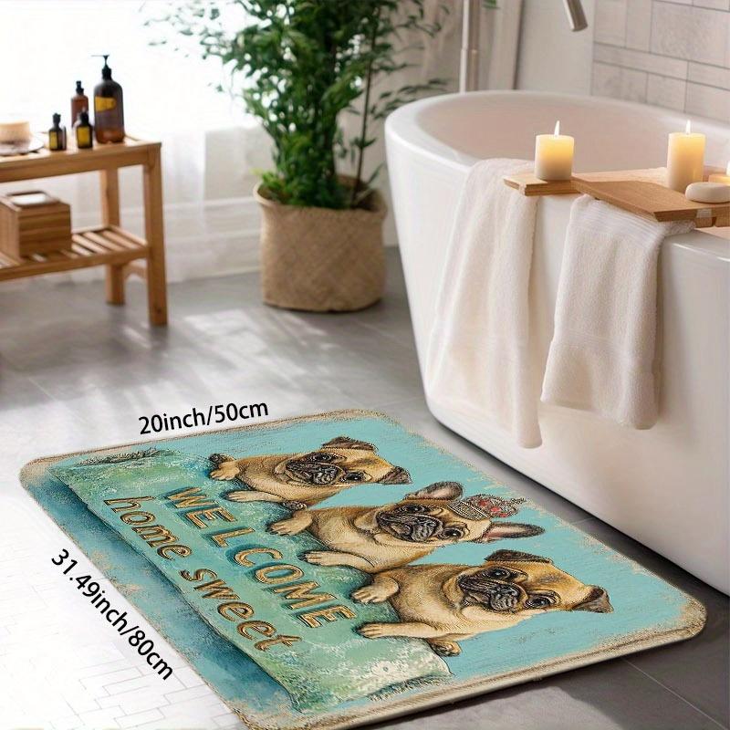 1pc Farmhouse Style Doormat with Pug Dog Wearing Crown Pattern Print, 8mm Thick Polyester Mat, 122-930g Weight, Rectangular Non-