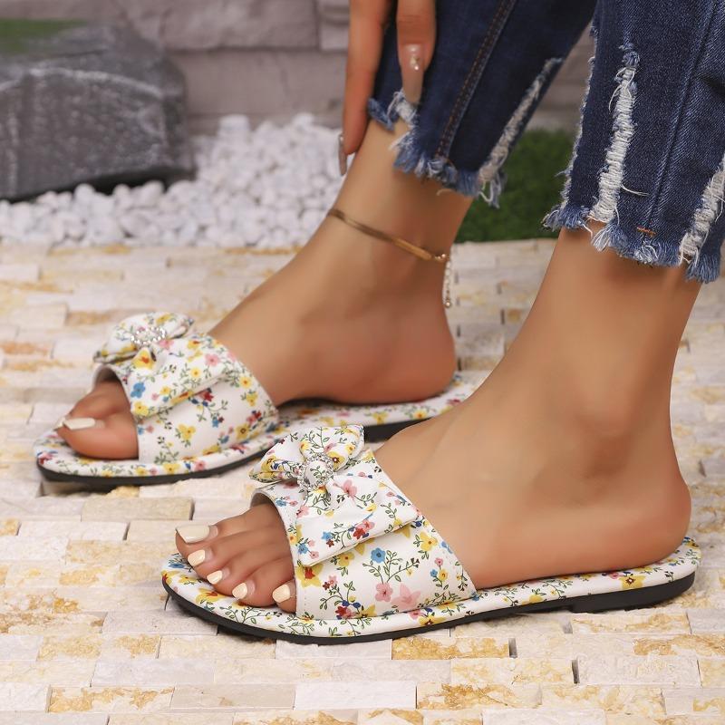 Floral Slippers Women's Summer New Bow Beach Slippers Gentle Flat Slippers