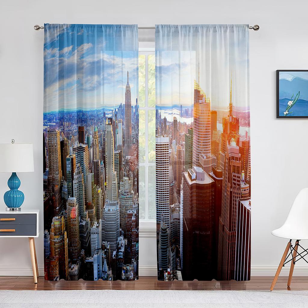 Stadtbild New York Nacht Skyline Landschaft Ansicht Chiffon Transparente Vorhänge für Wohnzimmer Schlafzimmer Dekor Fenster Voiles Tüll Vorhang
