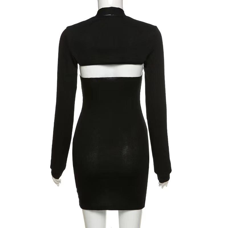 Women's Fashion Temperament Solid Color Dress U-neck Low-cut Long-sleeved Halterneck Slim Short Dress