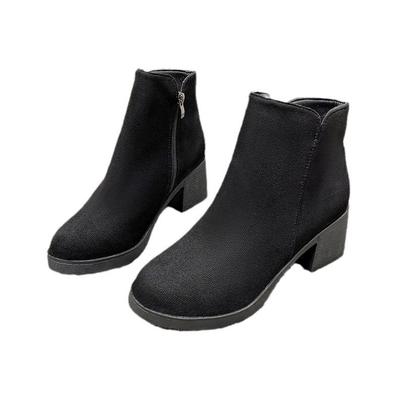 Thick-soled high-heeled zipper versatile women's autumn and winter matte thick-heeled fashion boots, velvet short boots