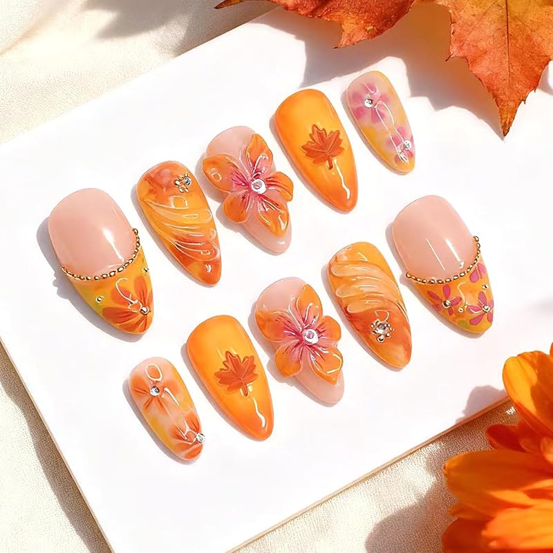 30Pcs Cute Turkey Press on Nails Short Oval Fake Nails Thanksgiving False Nails Turkey Straw Designs Stick on Nail Fall Leaf Acrylic Nail Orange