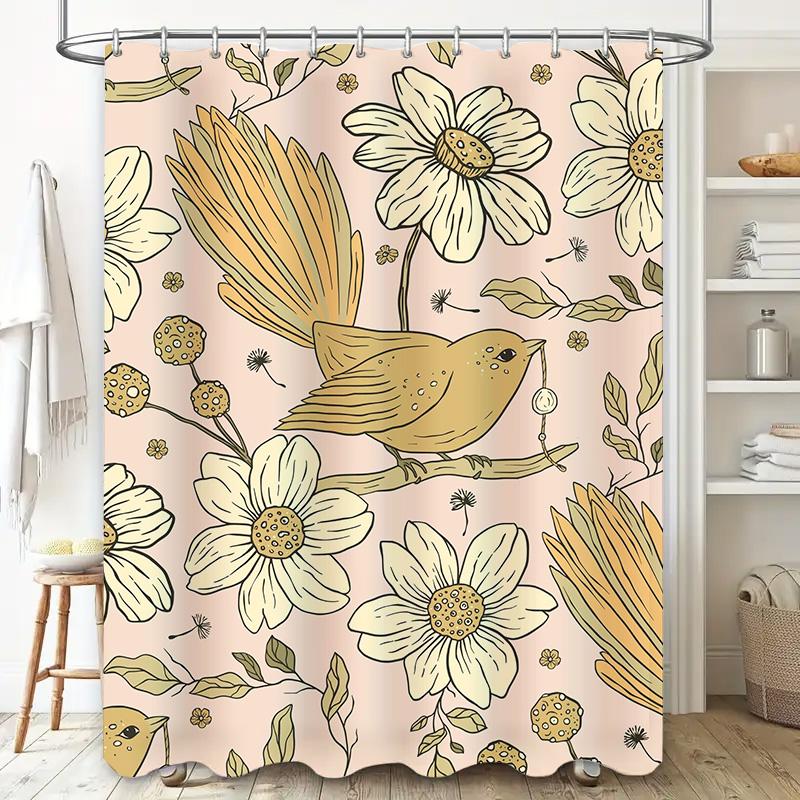 Vibrant Floral Print Shower Curtain for Bathroom Decor Pink Flower Design Bird Pattern Waterproof Fabric 72x84in