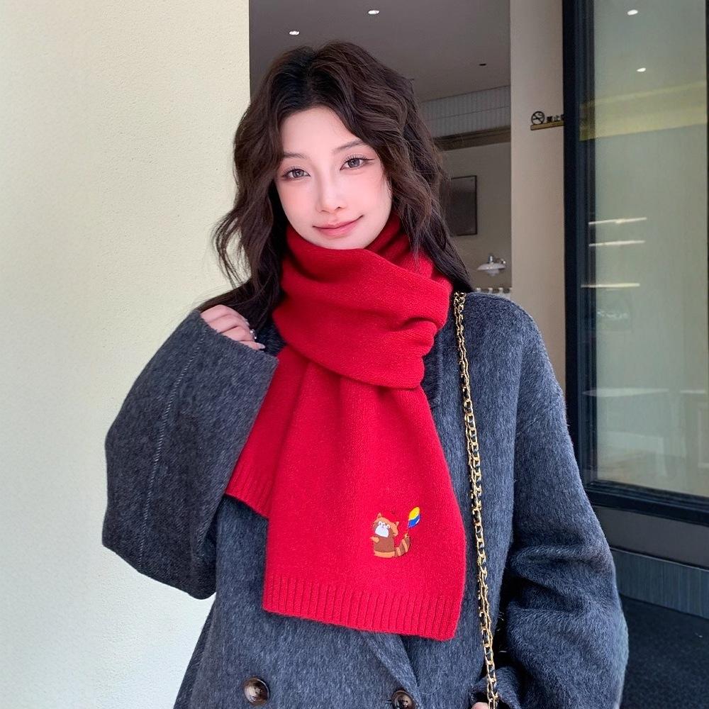 Cartoon embroidered knitted scarf women's autumn and winter new Korean solid color atmosphere cold and warm scarf