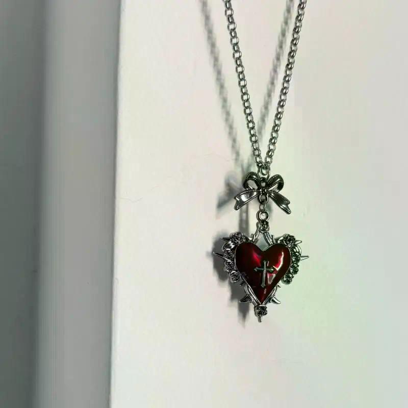Y2k Bow Cross Heart Necklace For Girls Gothic Jewelry Vintage Accessories Rose Goth Collares Chain For Women Man Punk Necklace