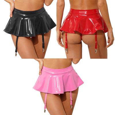 Womens Wet Look Patent Leather Ruffle Skirt Solid Color Built-in Thongs Garter Belts Metal Clips Miniskirt Party Clubwear