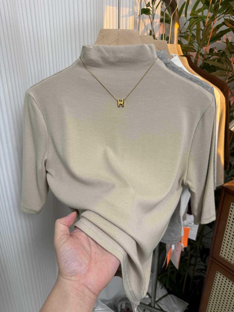 Women's Spring 2026 Red Mid-Sleeve High-Collar Slimming T-shirt – Fashionable Simple Solid Color Top