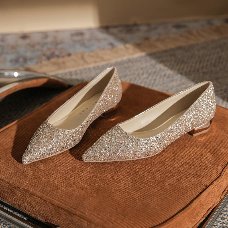 Sexy Shiny Sequin Pumps Women 2026 New Pointed Toe Low Heels Wedding Party Shoes Slip-on Bling Glitter Bride Heeled Footwears