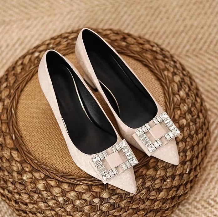 

мода Высококачественная обувь для женщин 2024 года, удобные сексуальные туфли на высоком каблуке, вечерние модные туфли на низком однотонном каблуке для женщин, Zapatos De Mujer 40 абрикосовый