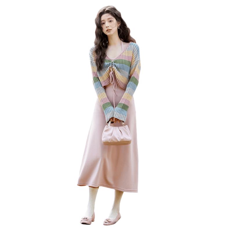 French Retro Halter Dress with Striped Jacket Set S