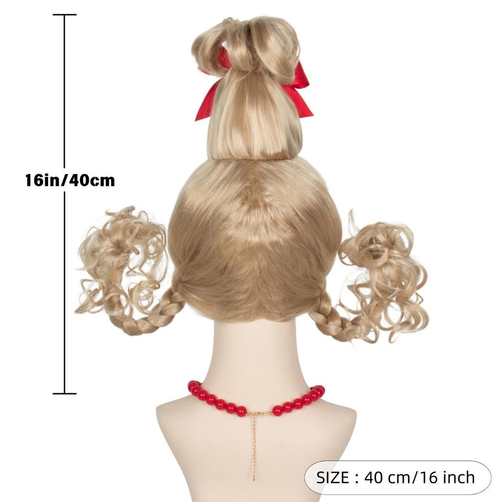 Anime Cosplay High-Top Blonde Wig with Bow Braid Christmas Synthetic Hair for Women Party Costume Accessory