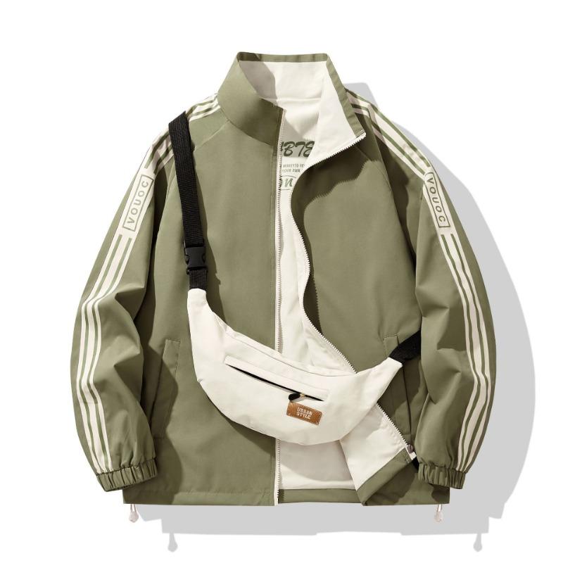 Jacken für Herren Frühling und Herbst Neu Doppelseitige Stehkragenjacke Gestreiftes Gurtbanddesign Kleidung für Herren