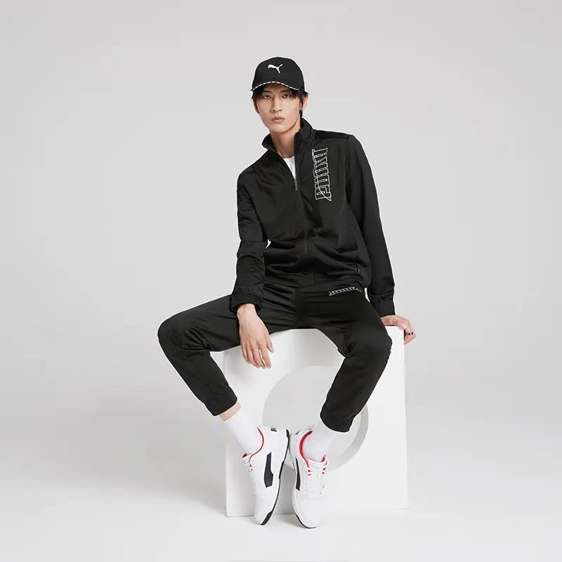 Puma Stand Collar Zip Logo Print Jacket And Solid Color Elastic Cuff Casual Pants Set Men Jacket And Pants Set Black 585325-01
