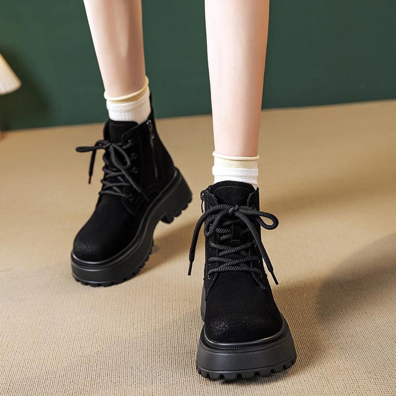 Fashion thick-soled heightening Martin boots women's 2025 autumn new retro thin polished short boots lace-up rhubarb boots