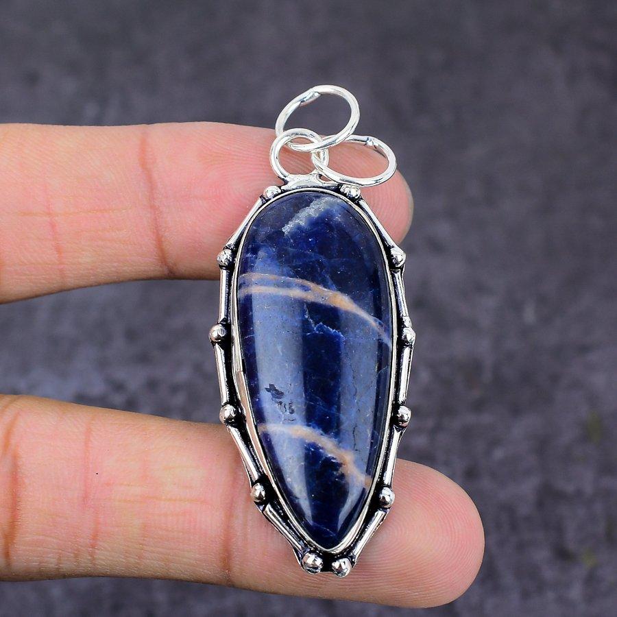 Natural Sodalite Gemstone Handmade 925 Sterling Silver Gift Pendant 2.44" W6O17