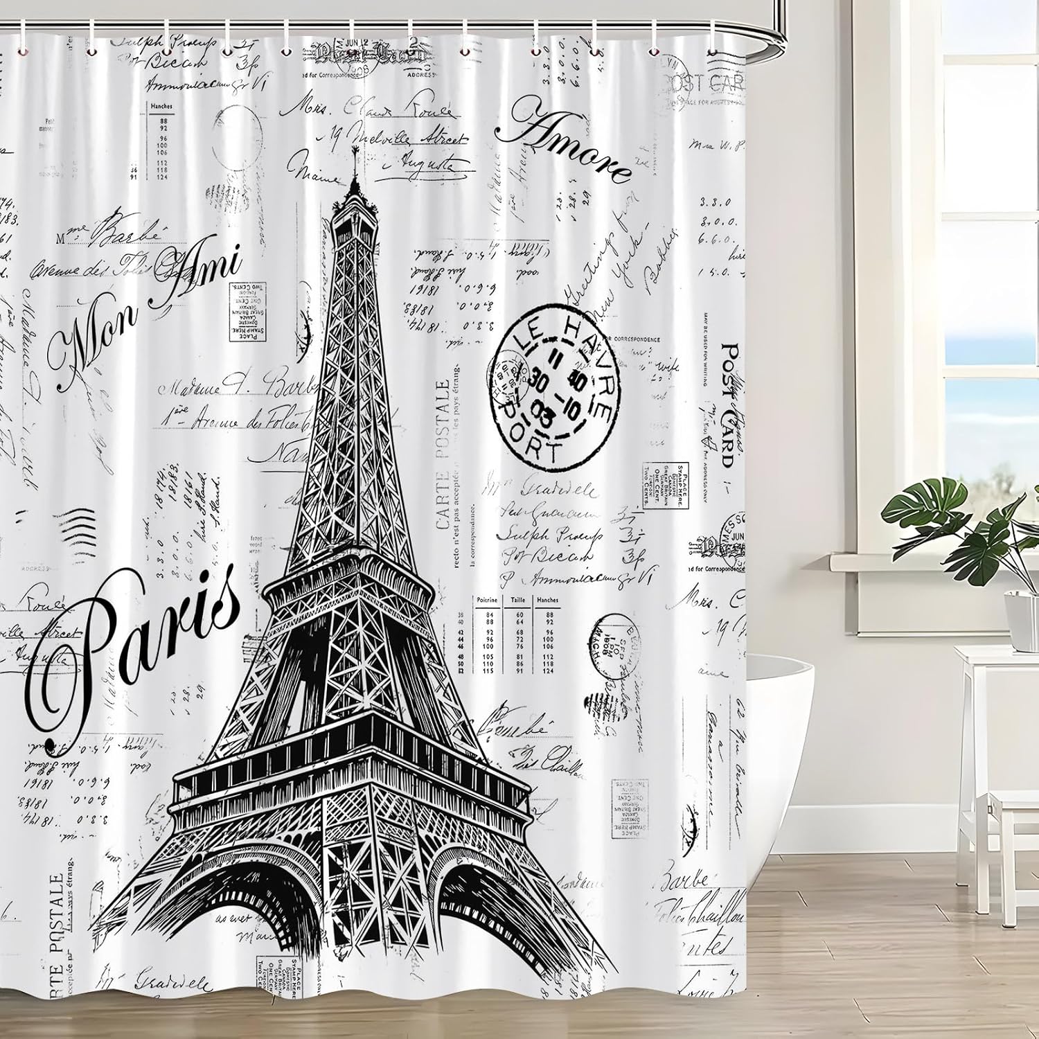 Eiffel Tower Shower Curtain Retro Hand-Painted Postmar Seal France Romantic European Paris City Architectural Cultural 70  L x 70  W Bathroom Decor