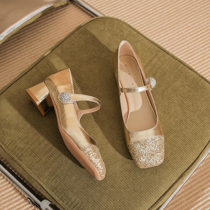 

57701 [Sheepskin] High Heels Women s Thick Heel 2025 New Square Head Mary Jane Medium Heel Splicing Shoes 34