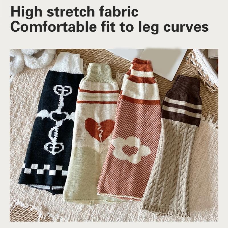 Two Side Wear Heart Flower Pattern Leg Sleeves for Women Aesthetic Knitted Flared Leg Warmers Baggy Footless Long Socks