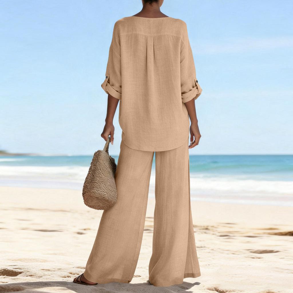 Women's Casual V-neck Long Sleeved Shirt Long Pants Two-piece Set