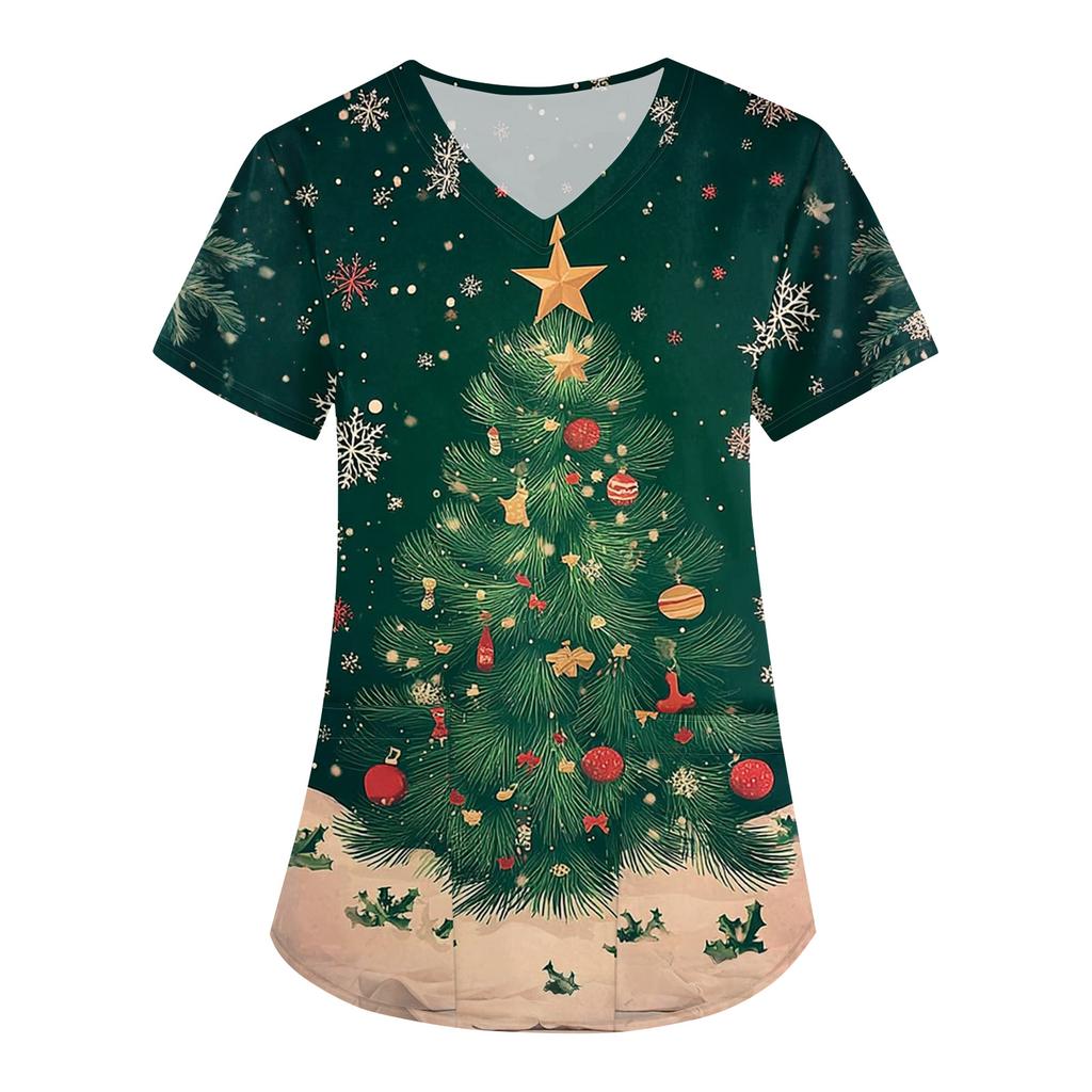 Women's Fashion V-Neck Short Sleeve Overalls With Pockets Christmas Printed Tops  Clothes